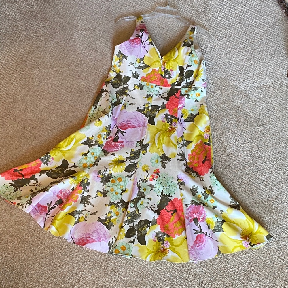 Teri Jon White Floral Fit-and-Flare Dress with Yellow, Pink and Coral Blooms